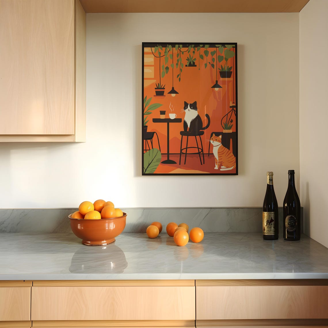 Two Cats in a Cozy Coffee House Midcentury Retro Illustration Poster - Image 2