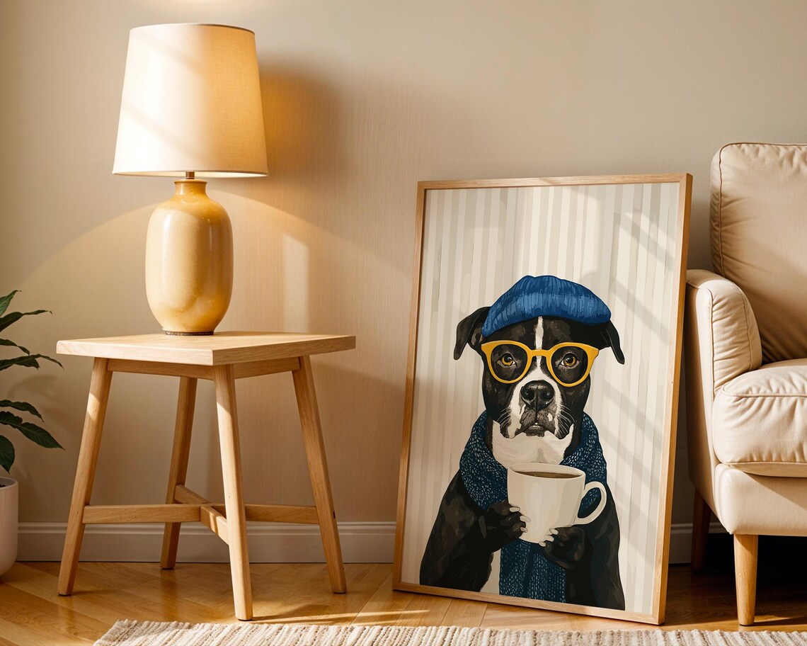 Staffy in Blue Beanie Glasses and Scarf Holding Coffee Poster - Image 2
