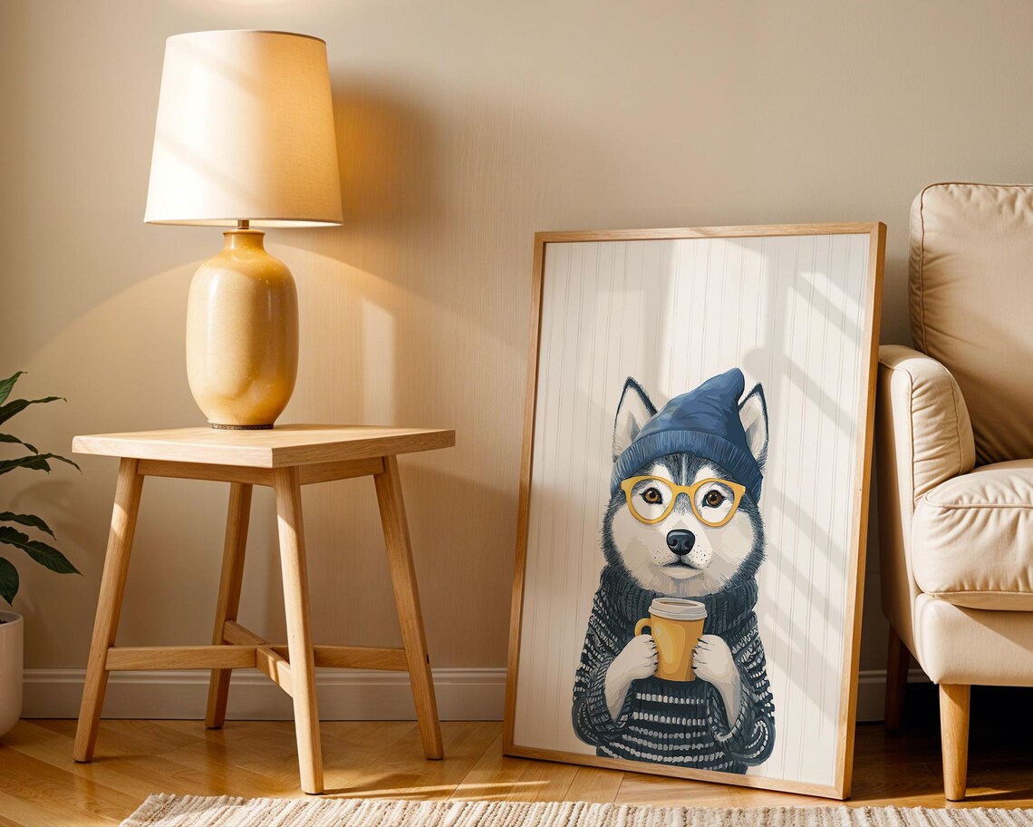 Husky in Blue Beanie and Glasses Holding Takeout Coffee Poster - Image 2