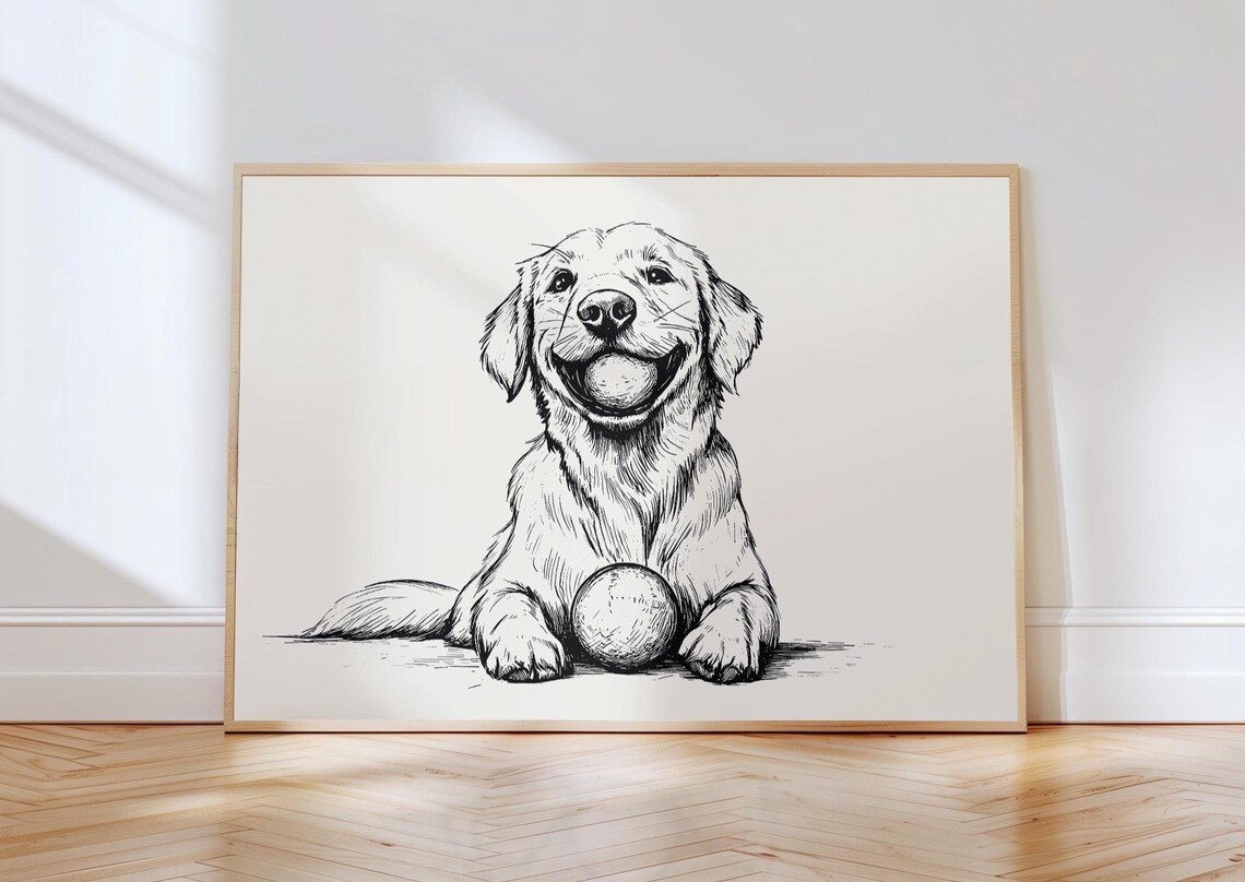 Golden Retriever Puppy With Ball Joyful Ink Sketch Dog Art Poster