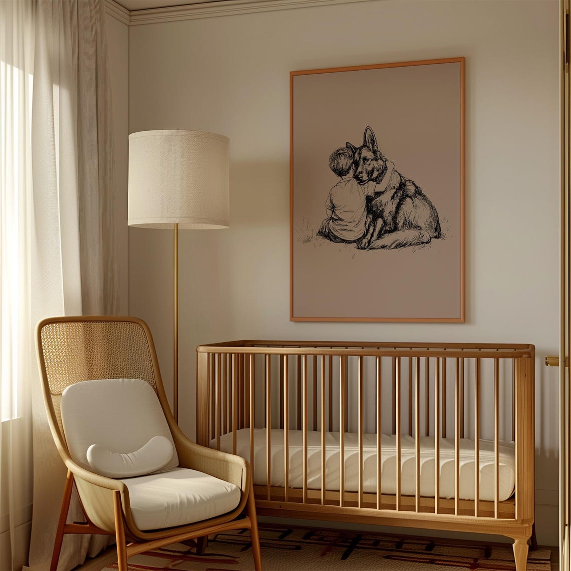 Boy Embracing German Shepherd Dog Sweet Ink Drawing Art Poster - Image 2