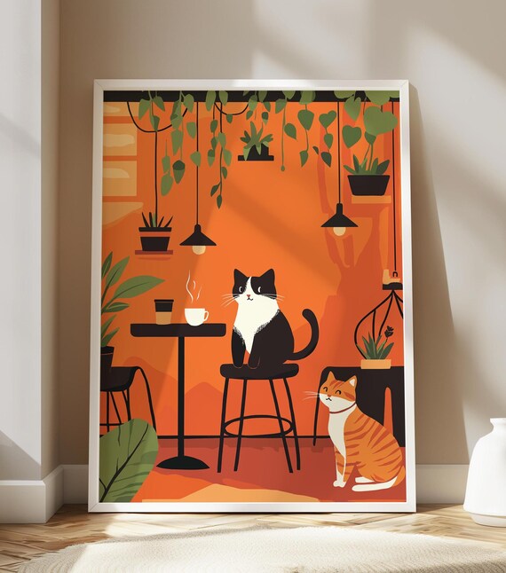 Two Cats in a Cozy Coffee House Midcentury Retro Illustration Poster