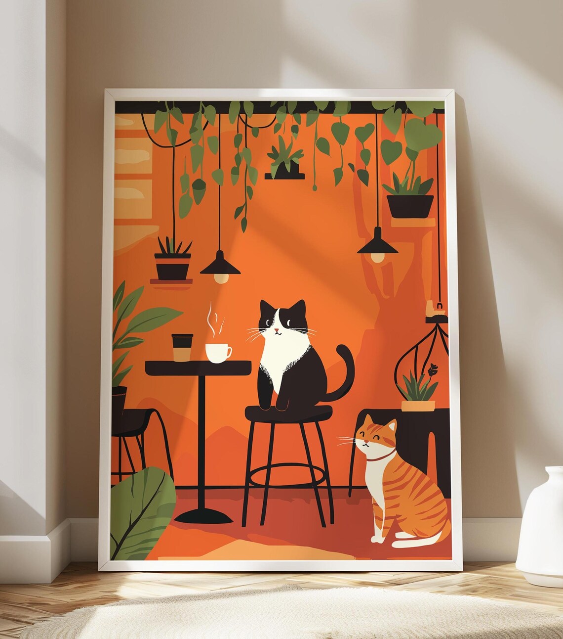 Two Cats in a Cozy Coffee House Midcentury Retro Illustration Poster