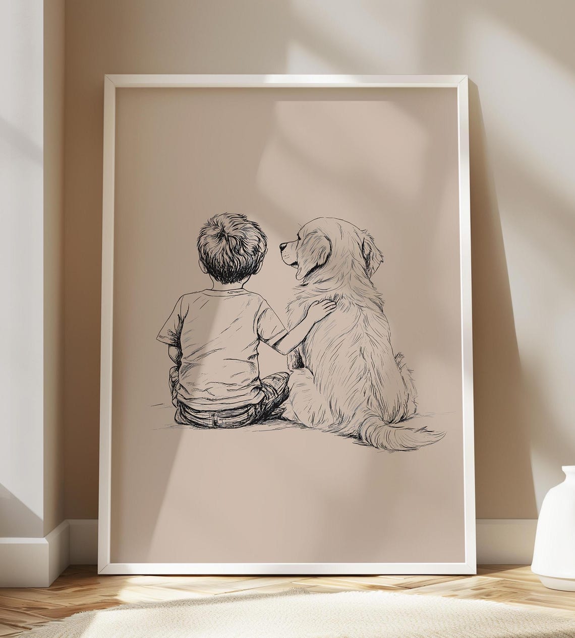 Boy and Golden Retriever Sitting Together Tender Ink Sketch Poster