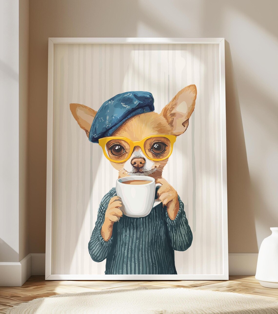 Chihuahua in a Blue Beret and Glasses With Coffee Mug Poster