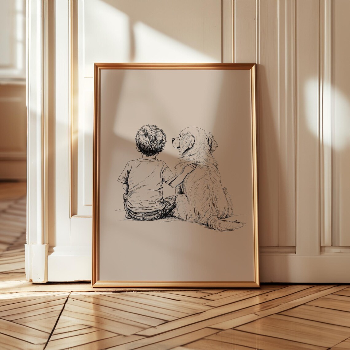 Boy and Golden Retriever Sitting Together Tender Ink Sketch Poster - Image 3