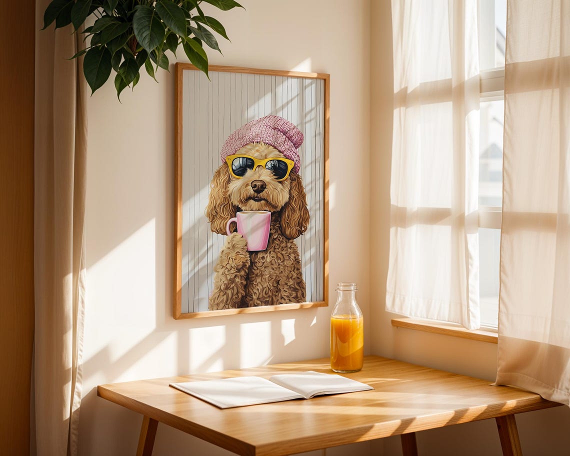 Goldendoodle in Pink Beanie and Sunglasses Sipping Coffee Poster - Image 2