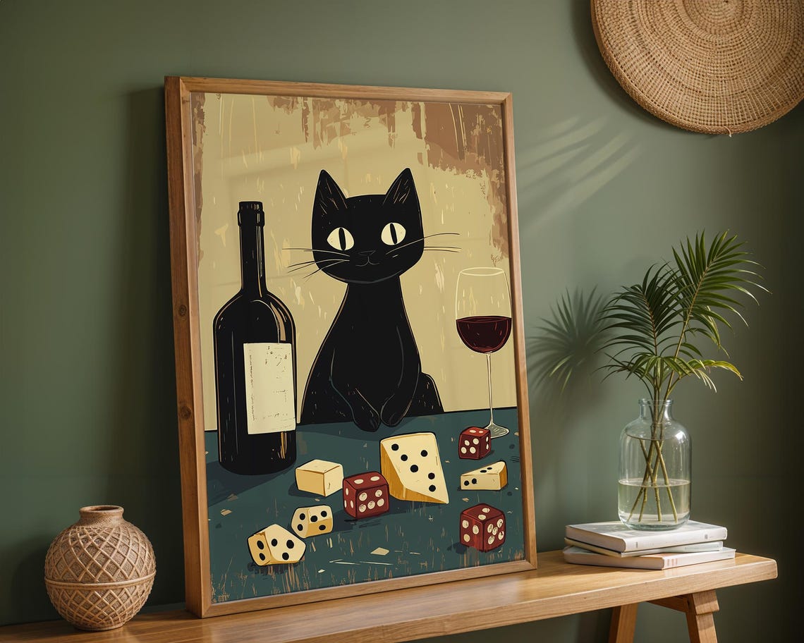 Black Cat With Wine Cheese and Dice Retro Game Night Art Poster - Image 2