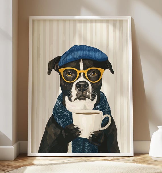 Funny Staffordshire Terrier Sipping Coffee Dog Pet Art Wall Decor Puppy Portrait Painting Print Retro Drawing Poster