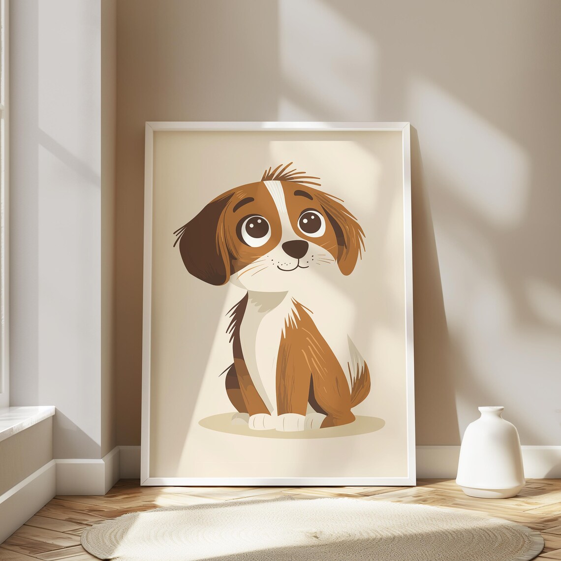 Sweet Cute Brown and White Puppy With Big Eyes Nursery Wall Art - Image 2