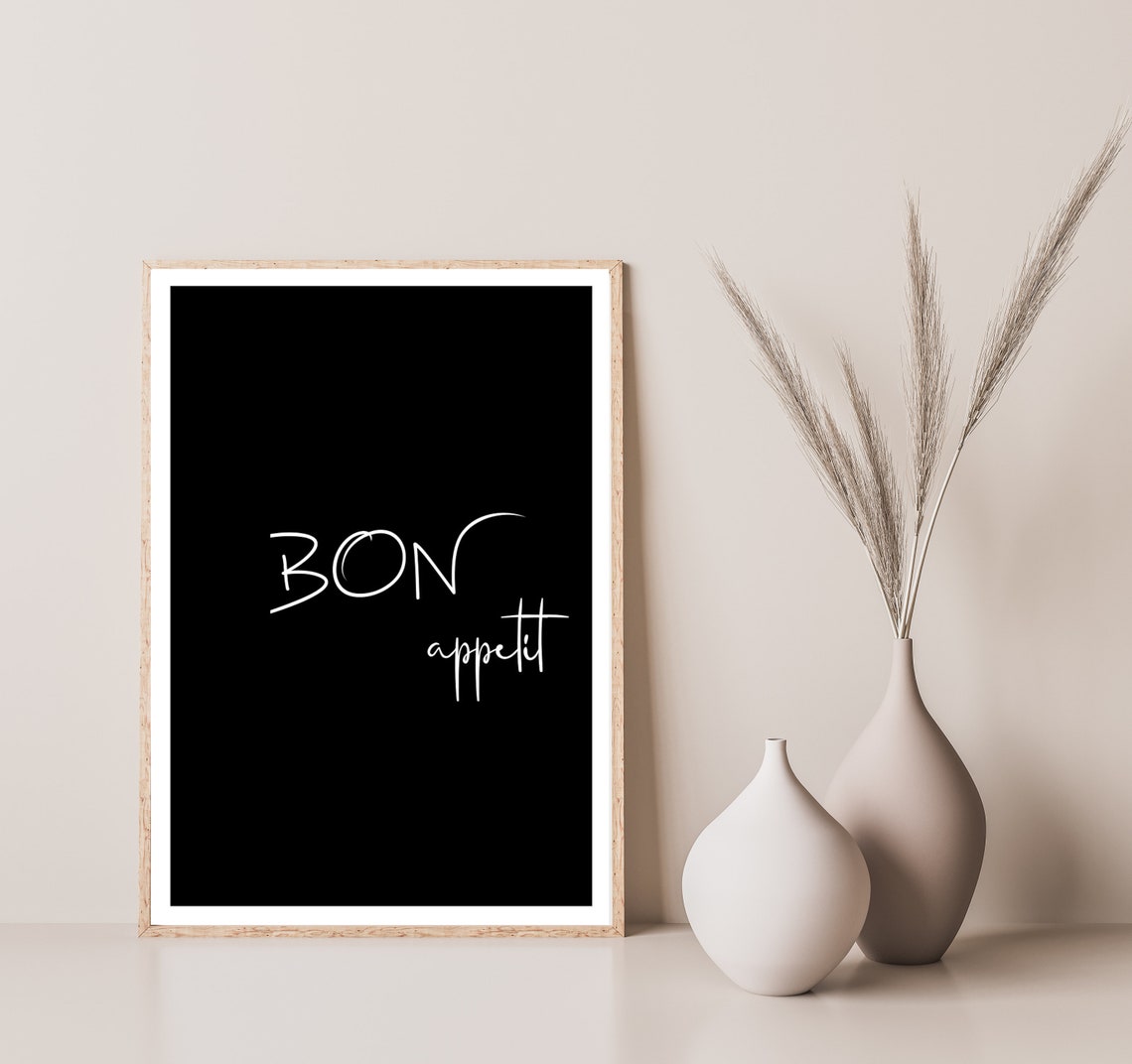 Bon Appetit White Script On Black Kitchen French Wall Decor Poster