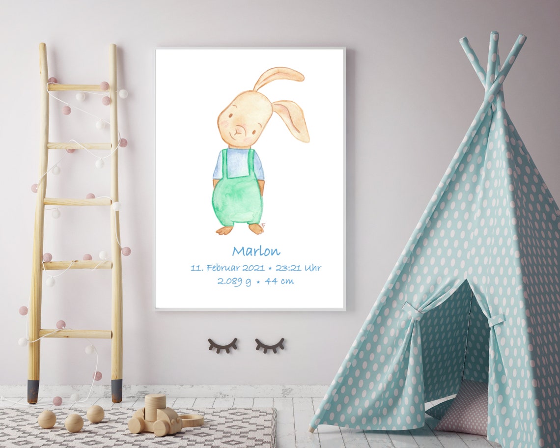 Personalized Baby Birth Announcement Bunny Nursery Art Print