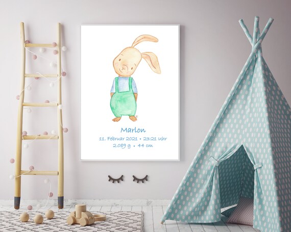 Personalized Baby Birth Announcement Bunny Nursery Art Print
