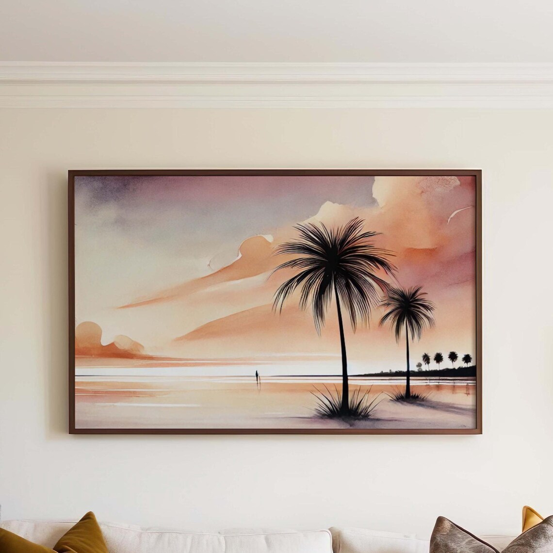 Palm Tree Silhouettes at Sunset Beach Watercolor Wall Art Gift