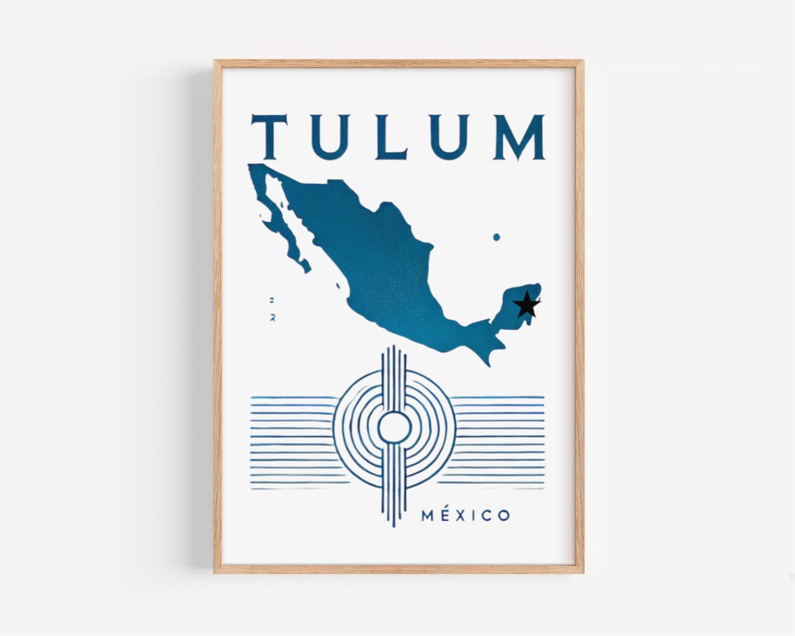 Tulum Mexico Map Poster With Yucatan Star And Geometric Sun Design
