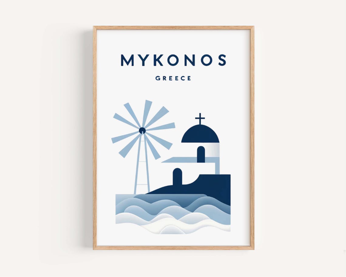 Mykonos Greece Windmill Blue Dome Church Navy Minimalist Poster