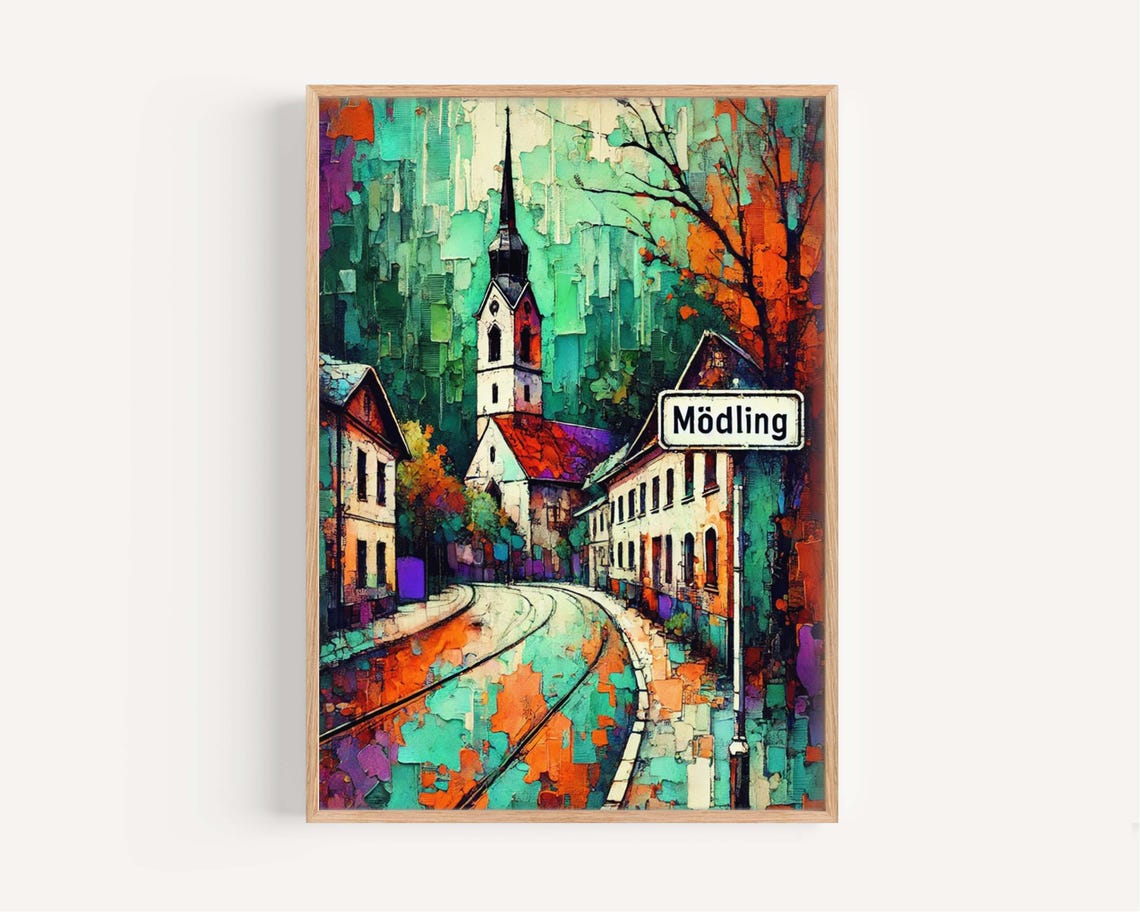 Mödling Austria Tram Track Church Street Painterly Scene Poster