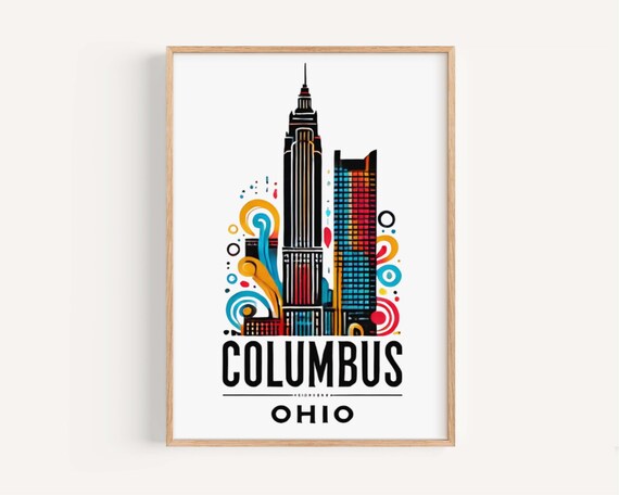 Columbus Ohio City Skyline Colorful Illustrated Travel Poster