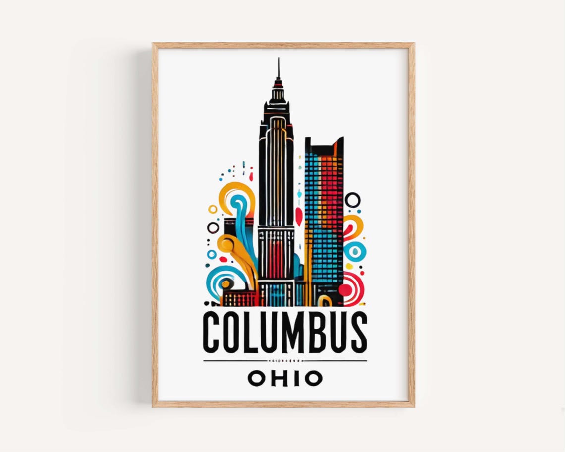 Columbus Ohio City Skyline Colorful Illustrated Travel Poster