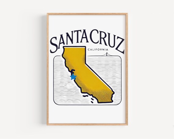 Santa Cruz California Surf Waves State Map Retro Vintage Poster