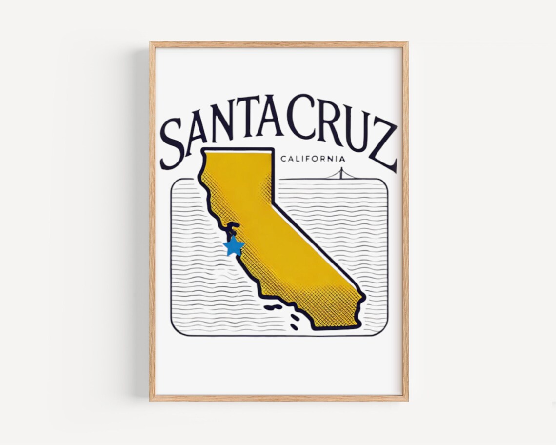 Santa Cruz California Surf Waves State Map Retro Vintage Poster