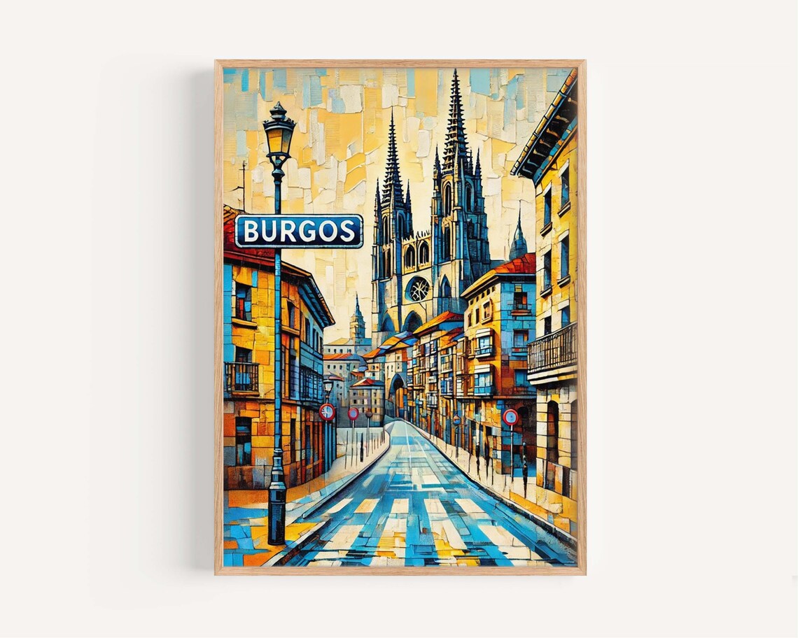 Burgos Spain Cathedral Street Scene Cubist Colorful Travel Poster