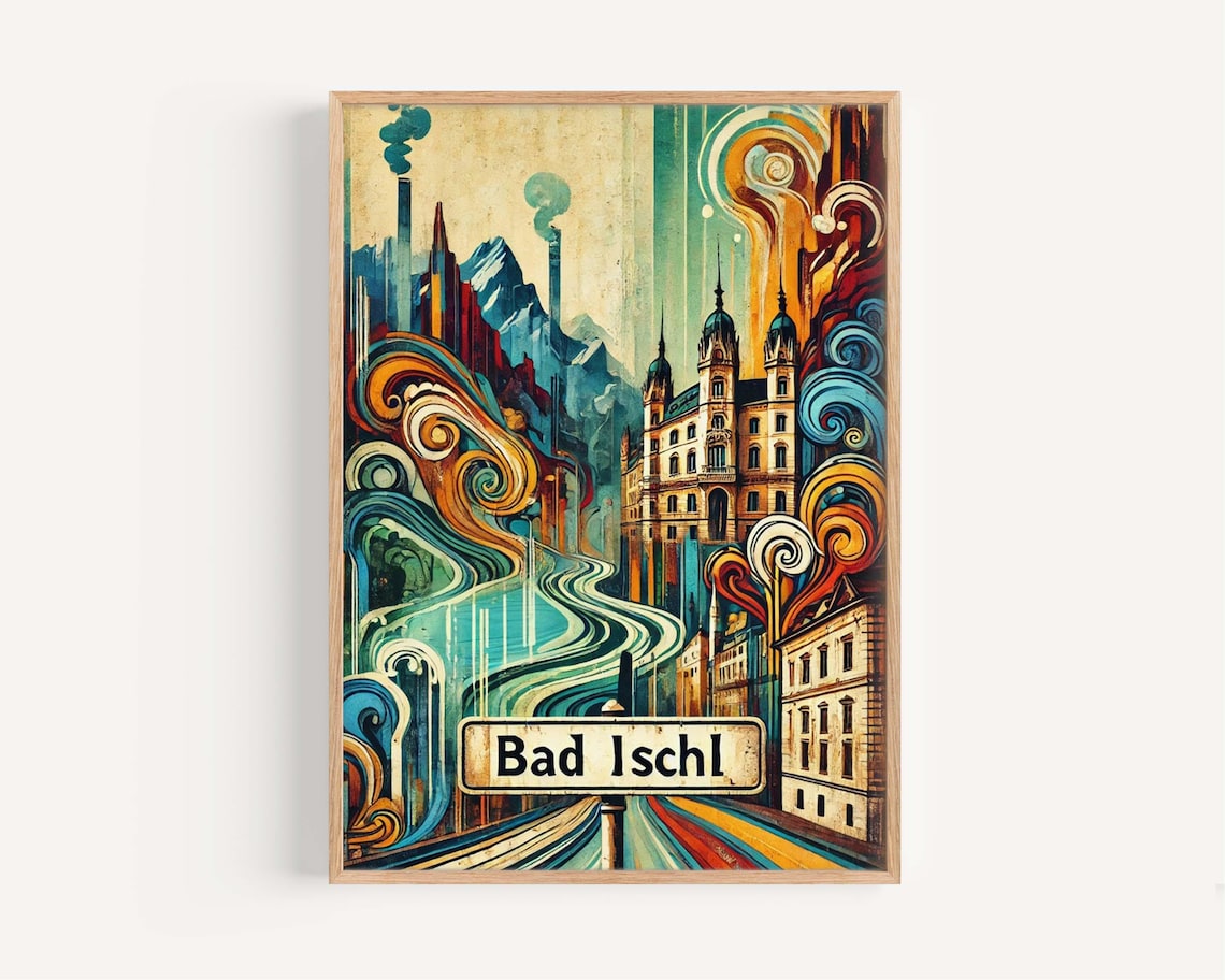Bad Ischl Austria Surreal Swirl Old Town Scene Travel Poster