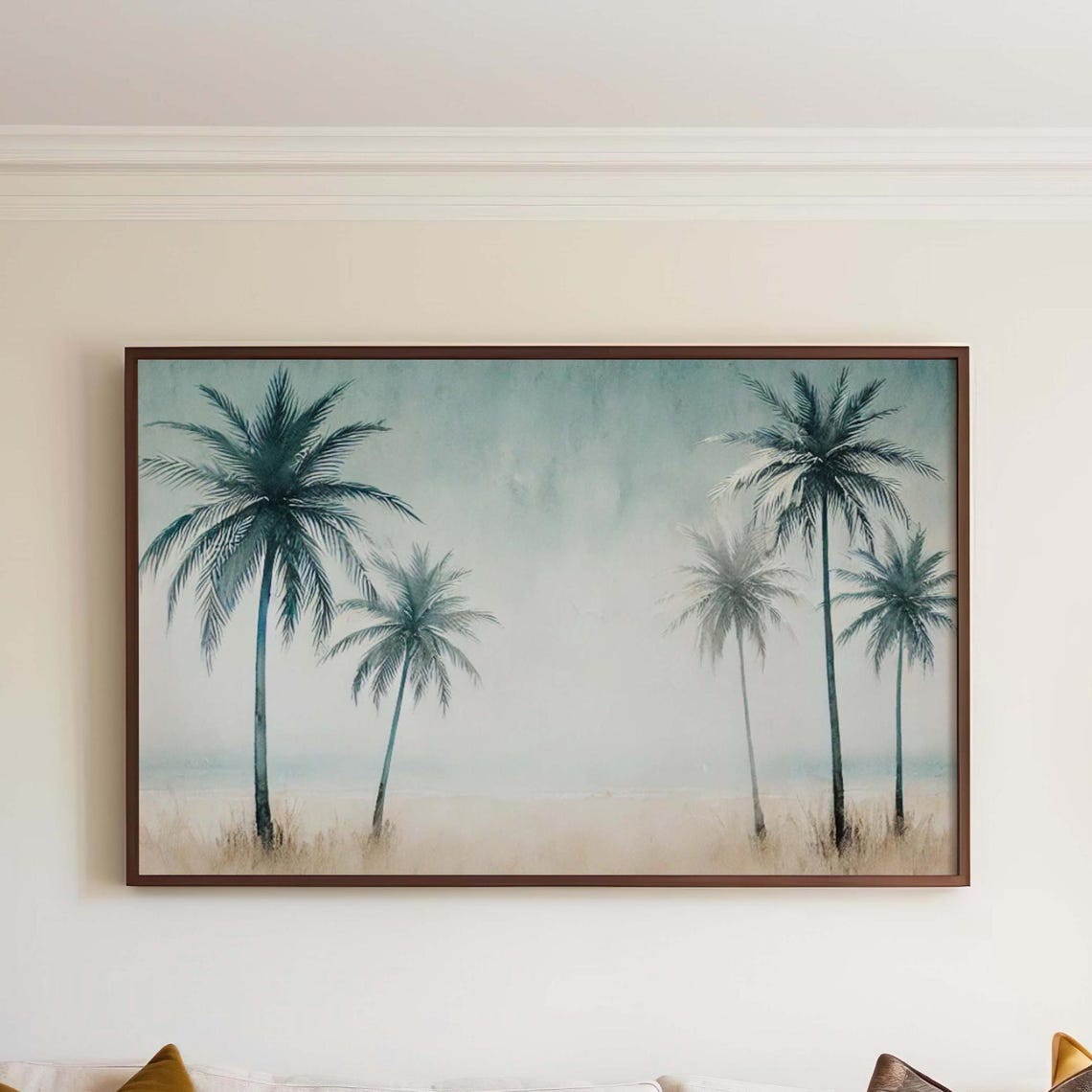 Misty Palm Trees on Teal Beach Watercolor Coastal Wall Art Gift
