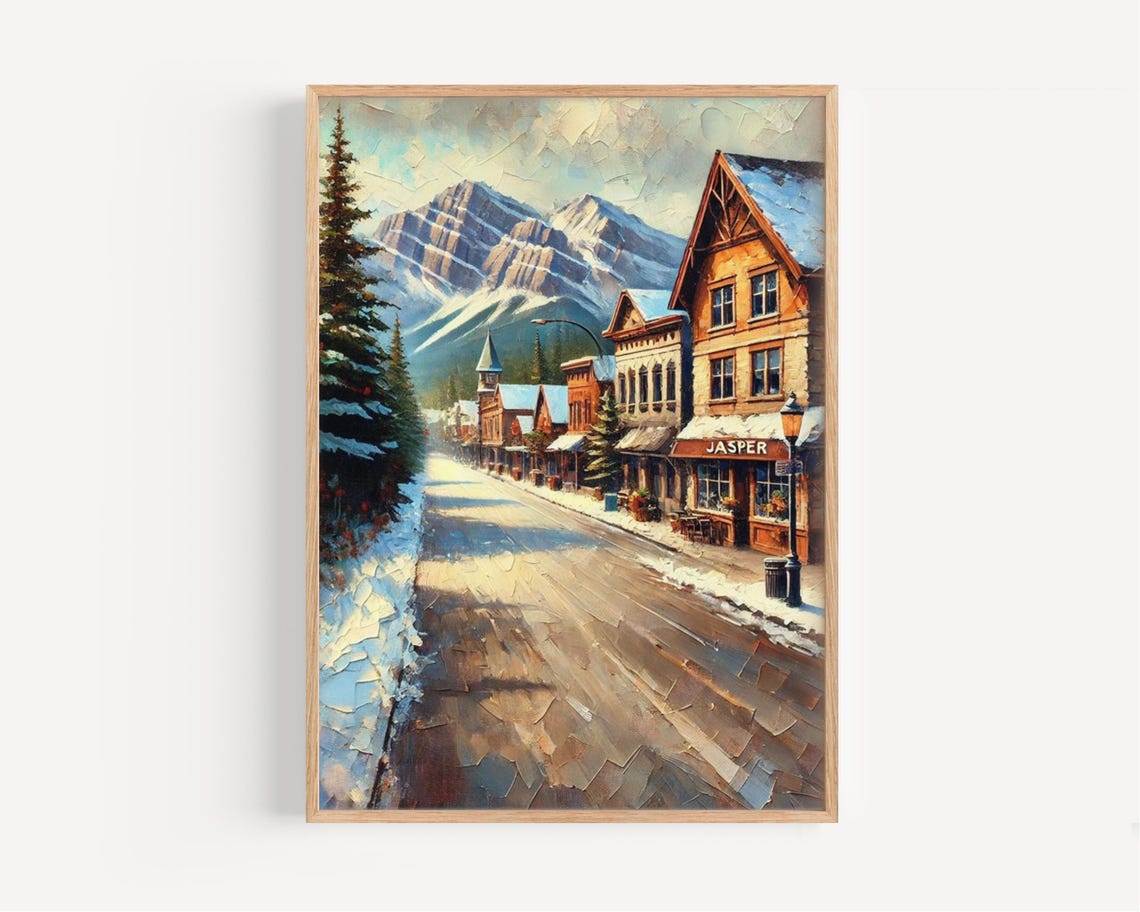 Jasper Canada Snowy Mountain Town Vintage Winter Scene Poster