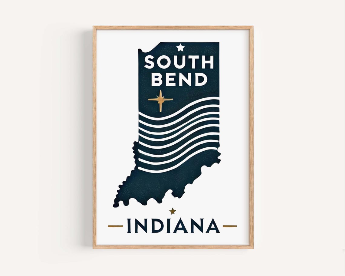 South Bend Indiana Navy State Silhouette Modern Travel Poster