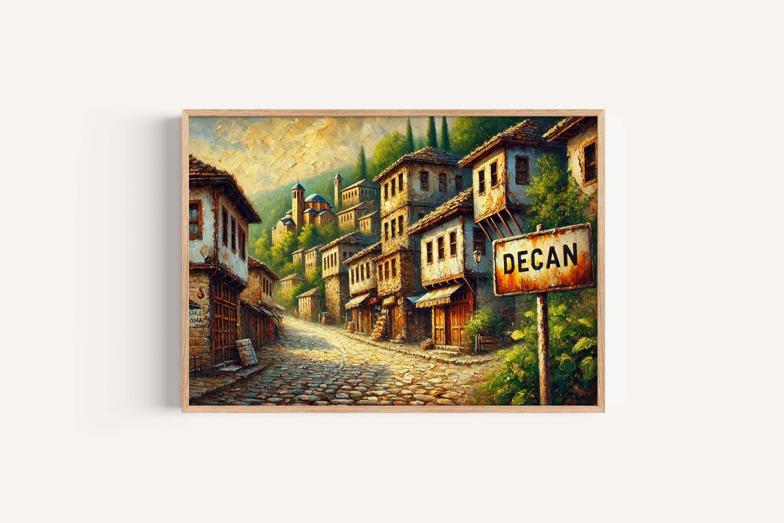 Decan Old Town Cobbled Street Rusted Sign Painting Kosovo Art Poster