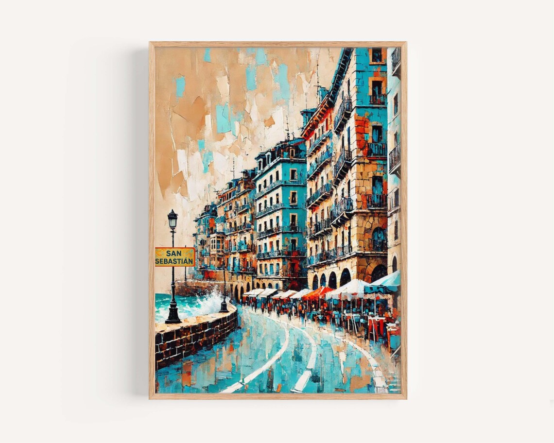 San Sebastian Spain Vibrant Old Town Impasto Waterfront Scene Poster