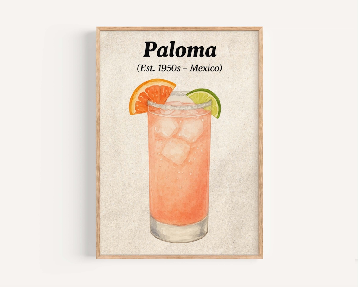 Paloma 1950s Mexico Citrus Cocktail Recipe Vintage Bar Art Poster