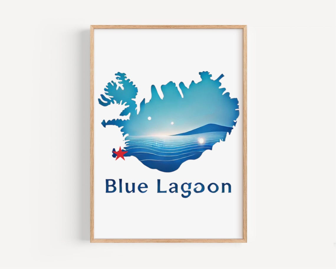 Blue Lagoon Iceland Map Artwork With Blue Waves And Red Star Poster