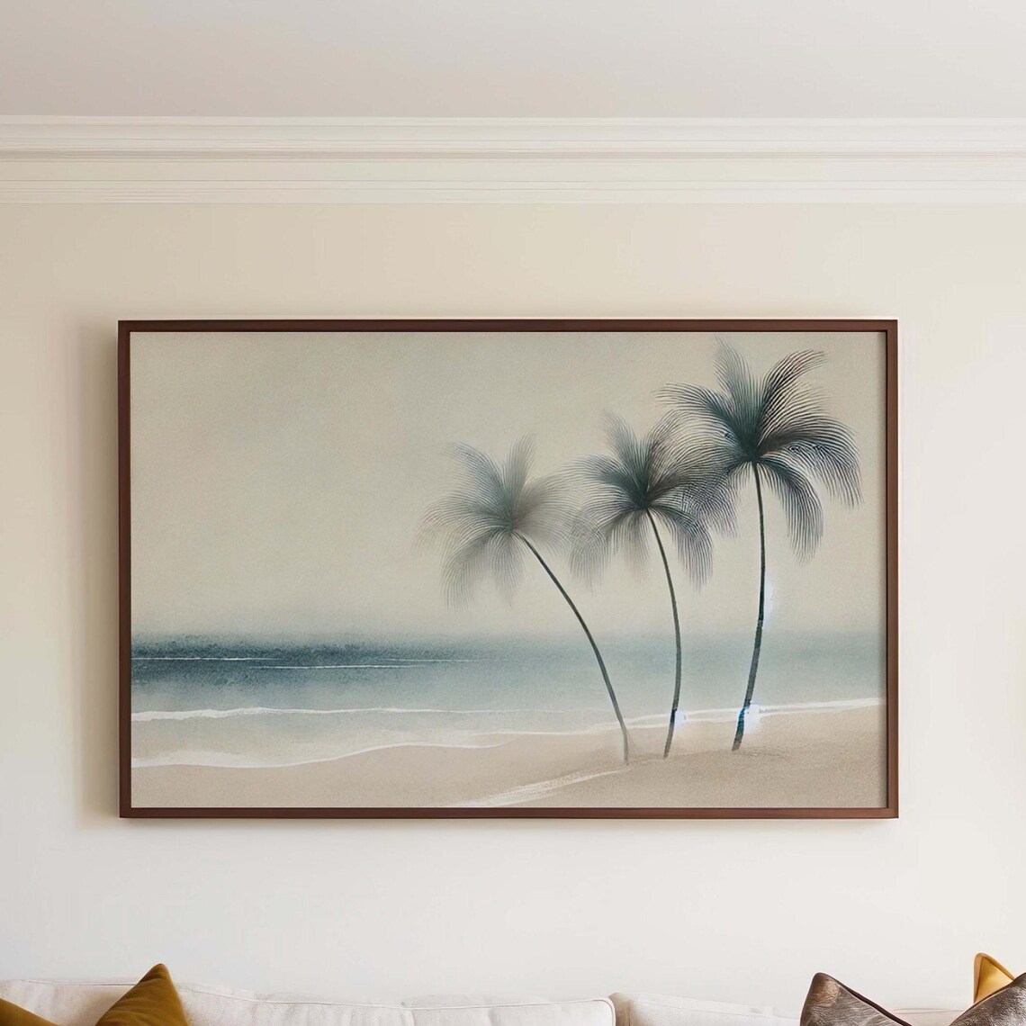 Leaning Palm Trees on Quiet Beach Watercolor Coastal Art Print