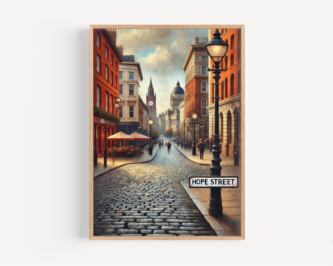 Hope Street England Cobblestone Old Town Scene Vintage Art Poster