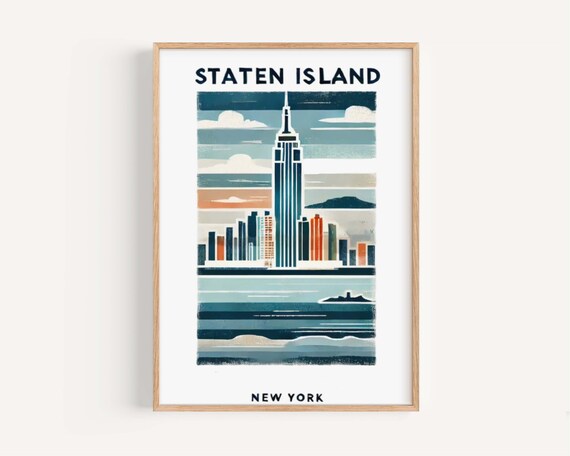 Staten Island New York Retro Striped Skyline Harbor View Poster