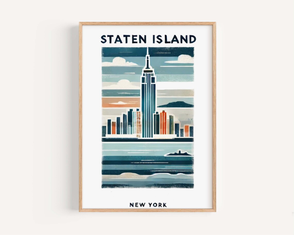 Staten Island New York Retro Striped Skyline Harbor View Poster