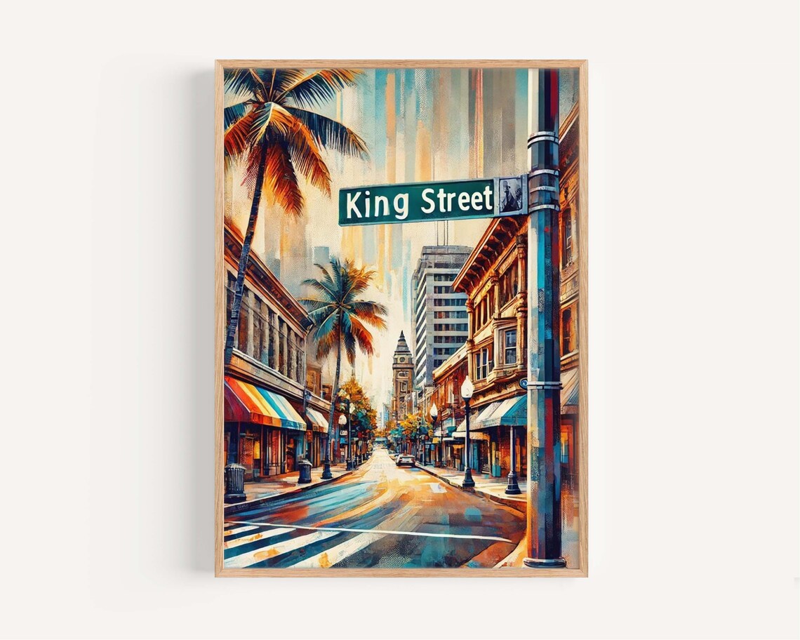 King Street Honolulu Hawaii Palm Lined Avenue Vintage Travel Poster