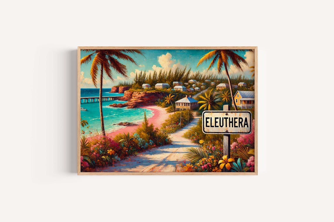 Eleuthera Island Tropical Coastal Road Palms Cliffs Sign Art Poster