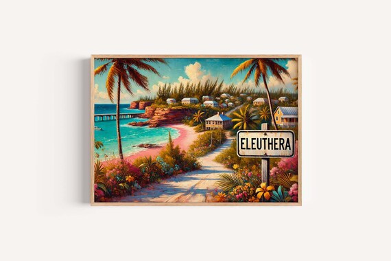 Eleuthera Bahamas Art Tropical Island Poster Coastal Decor Caribbean Map Pink Sands Nautical Print Ocean Gift