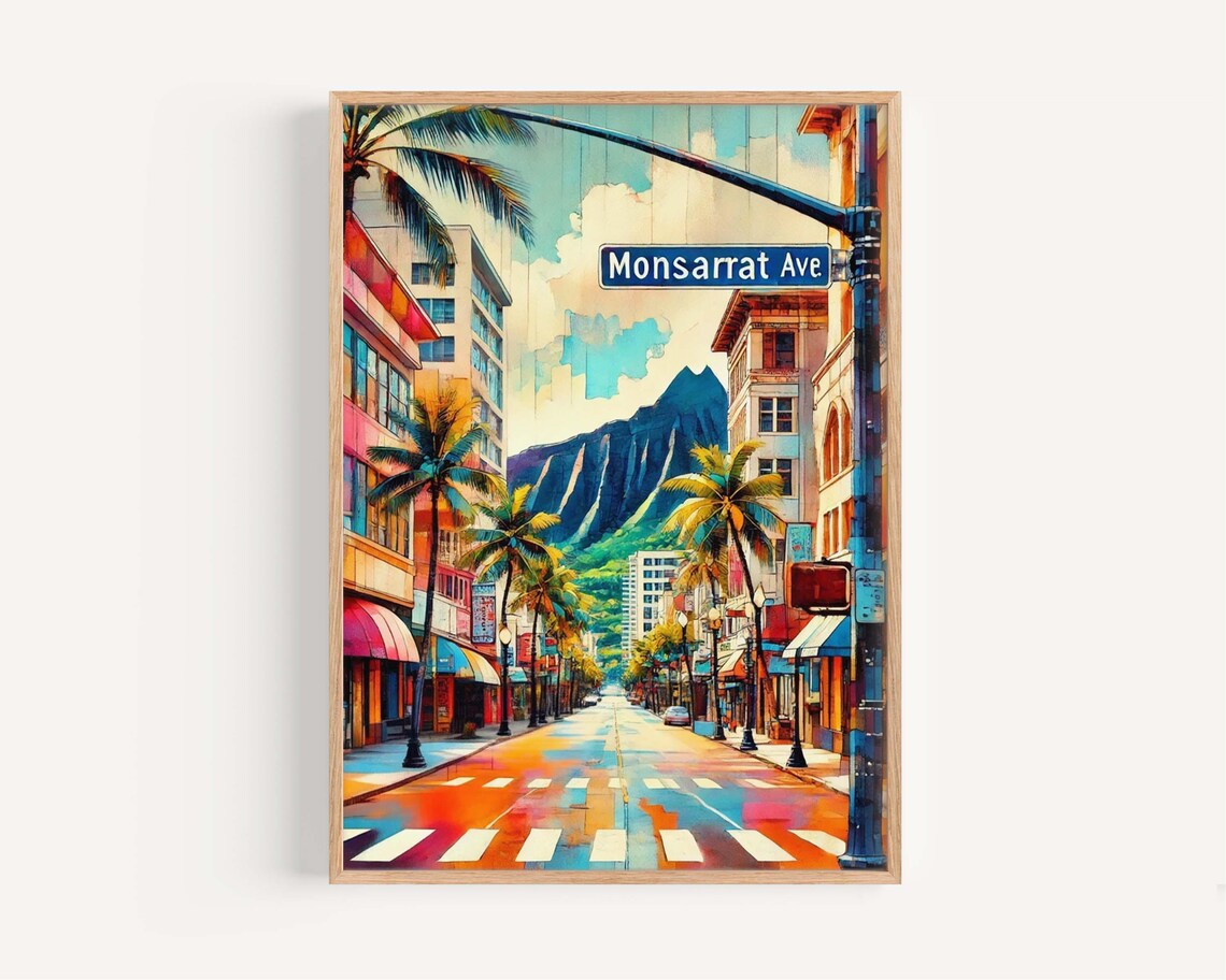 Monsarrat Avenue Honolulu Hawaii Diamond Head Vintage Travel Poster