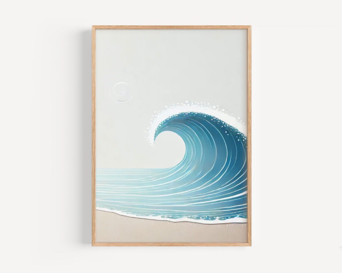 Minimalist Blue Ocean Wave Curling Over Sandy Beach Surf Poster
