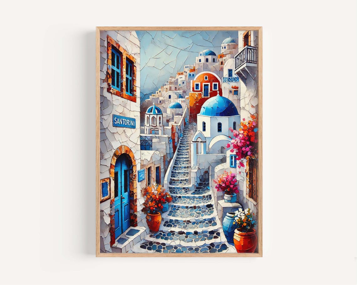 Santorini Greece Whitewashed Village Blue Domes Mosaic Street Poster