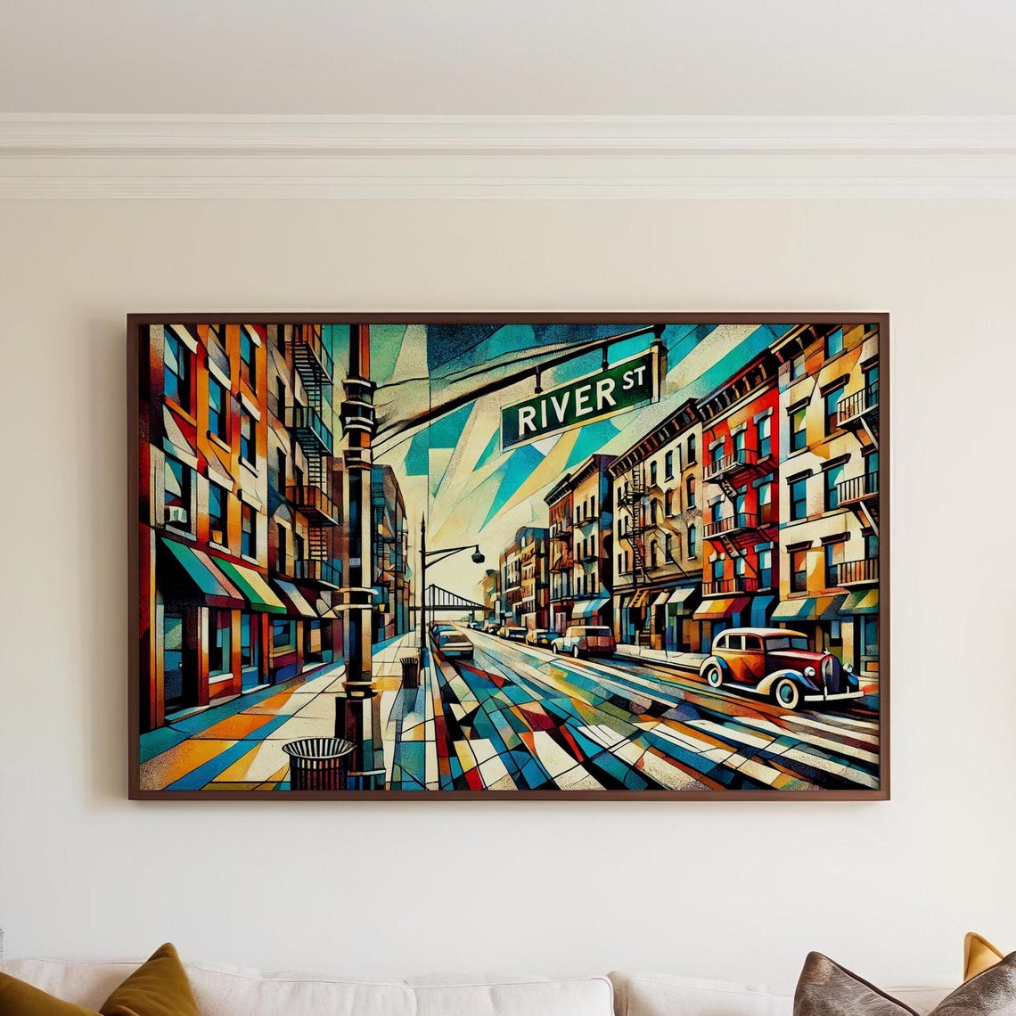 River Street Cubist Cityscape Colorful Urban Street Wall Art