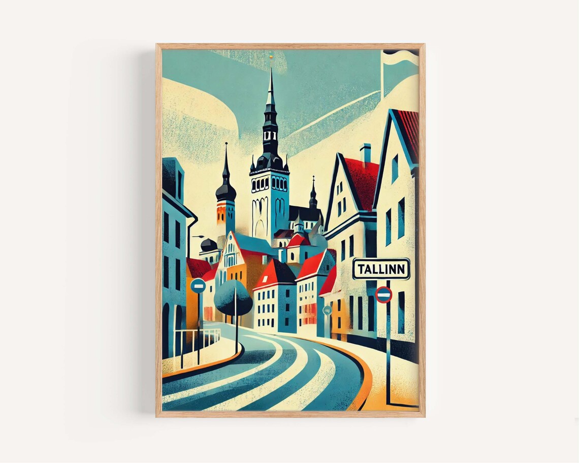 Tallinn Estonia Old Town Church Spires Retro Street Art Poster