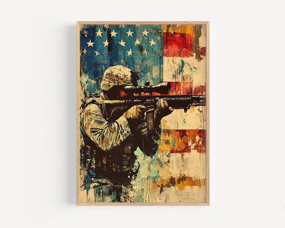 American Soldier Sniper Rifle Flag Grunge Patriotic Wall Poster
