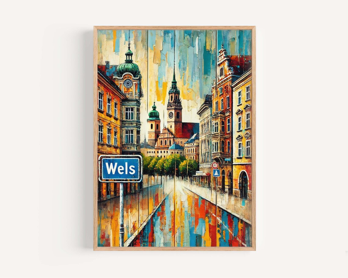 Wels Austria Rainy Old Town Street Colorful Travel Art Poster