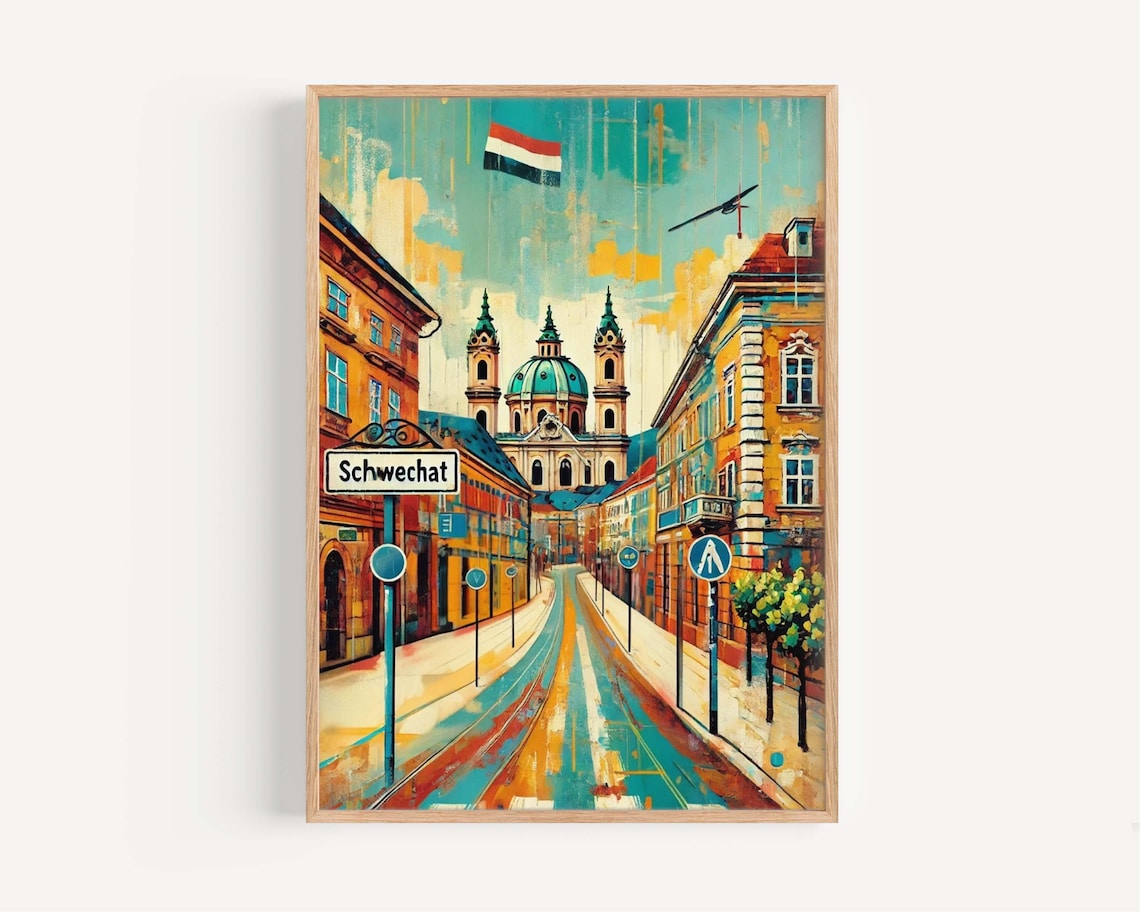 Schwechat Austria Baroque Old Town Street Scene Travel Poster