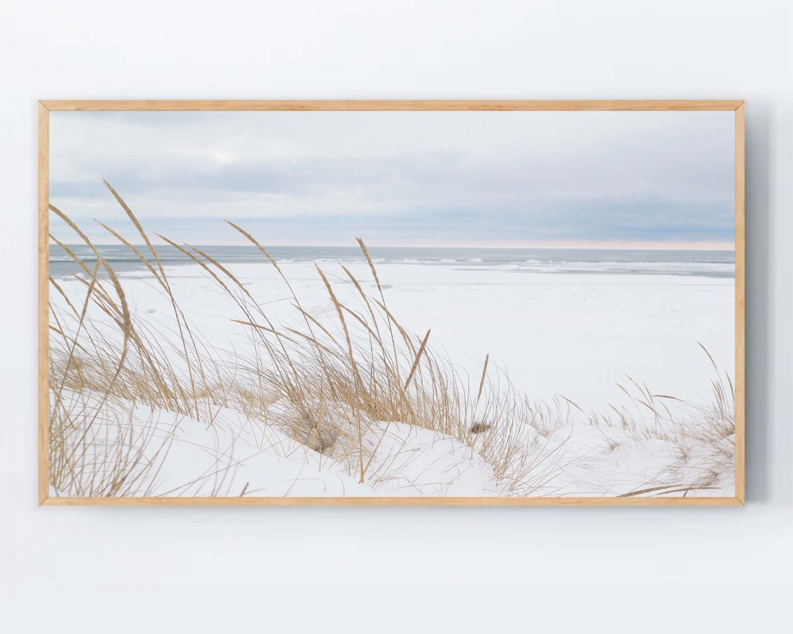 Winter Beach Dune Grass Snow Coastal Minimalist Landscape Wall Poster